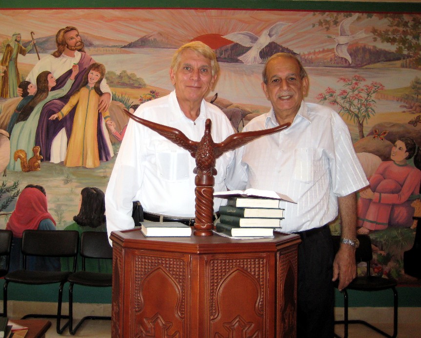 William J Murray and Solomon Nour in the Hope School chapel, Beit Jala