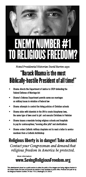 Religious Freedom Coalition newspaper ad on Obama's attack on religious liberty