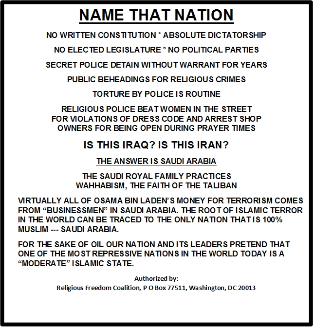 Ad run by the Religious Freedom Coalition in newspapers less than 30 days after 9-11