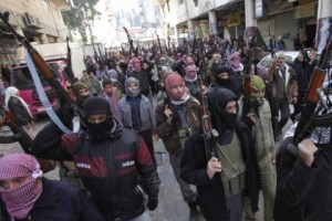 Syrian terrorists march through the streets.