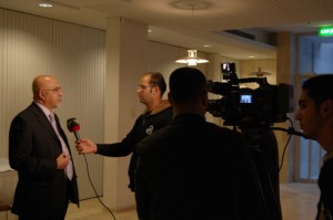 Rifat Odeh Kassis, co-author and general coordinator of the WCC's Kairos Palestine initiative, former head of the WCC's Ecumenical Accompaniment Programme in Palestine and Israel, and Special Adviser to the WCC's General Secretary, is pictured above giving an interview to Hezbollah's Al-Manar TV. (Photo source: Kairos Palestine)