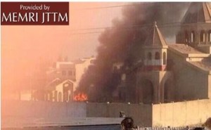 A church in Mosul being burned to the ground by Islamic State terrorists.