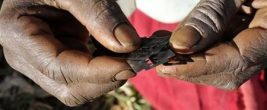 Prisca Korein, a 62-year-old traditional surgeon, holds razor blades before carrying out female genital mutilation on teenage girls from the Sebei tribe in Bukwa district, about 357 kms (214 miles) northeast of Kampala, December 15, 2008. REUTERS/James Akena/Files