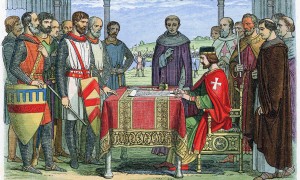 King John was forced to sign the Magda Carta on June 15th, 2015 at Runnymede on the Thames. (From James Doyle's 'A Chronicle of England'