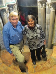 William and Nancy Murray at the entrance to the Grotto in the Church of the Nativity in Bethlehem, the place of the birth of Jesus. Christmas 2017