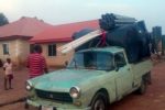 A small truck arrives with parts for new water system being supplied by the Religious Freedom Coalition.